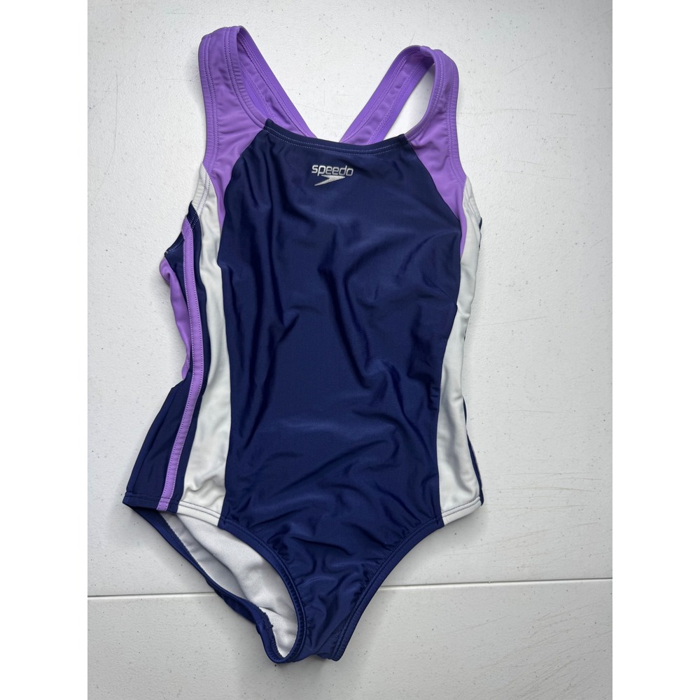 Speedo Girls Size 10 Swimsuit One Piece Racerback Navy Purple White Athletic
